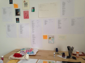 One of my desks. The wall behind it shows inspirational words, signs of home, and every poem I've ever had accepted.